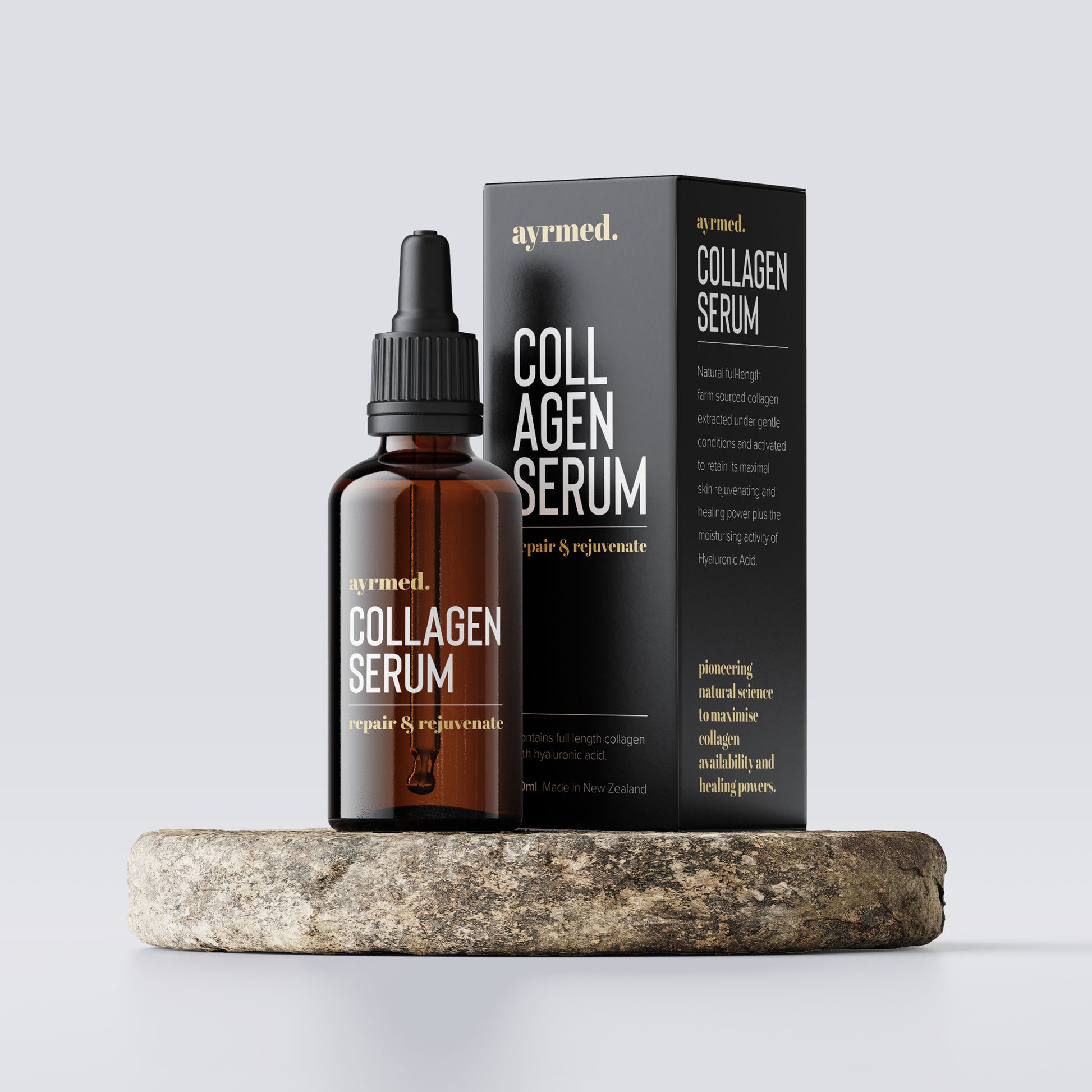 Unique Ayrmed Collagen Serum with Hyaluronic Acid for powerful skin repair and rejuvenation. Our remarkably special full-length collagen is a sublimely activated bio-available product able to matchlessly scaffold skin repair. This means more collagen and better results for your skin. Made in Dunedin NZ